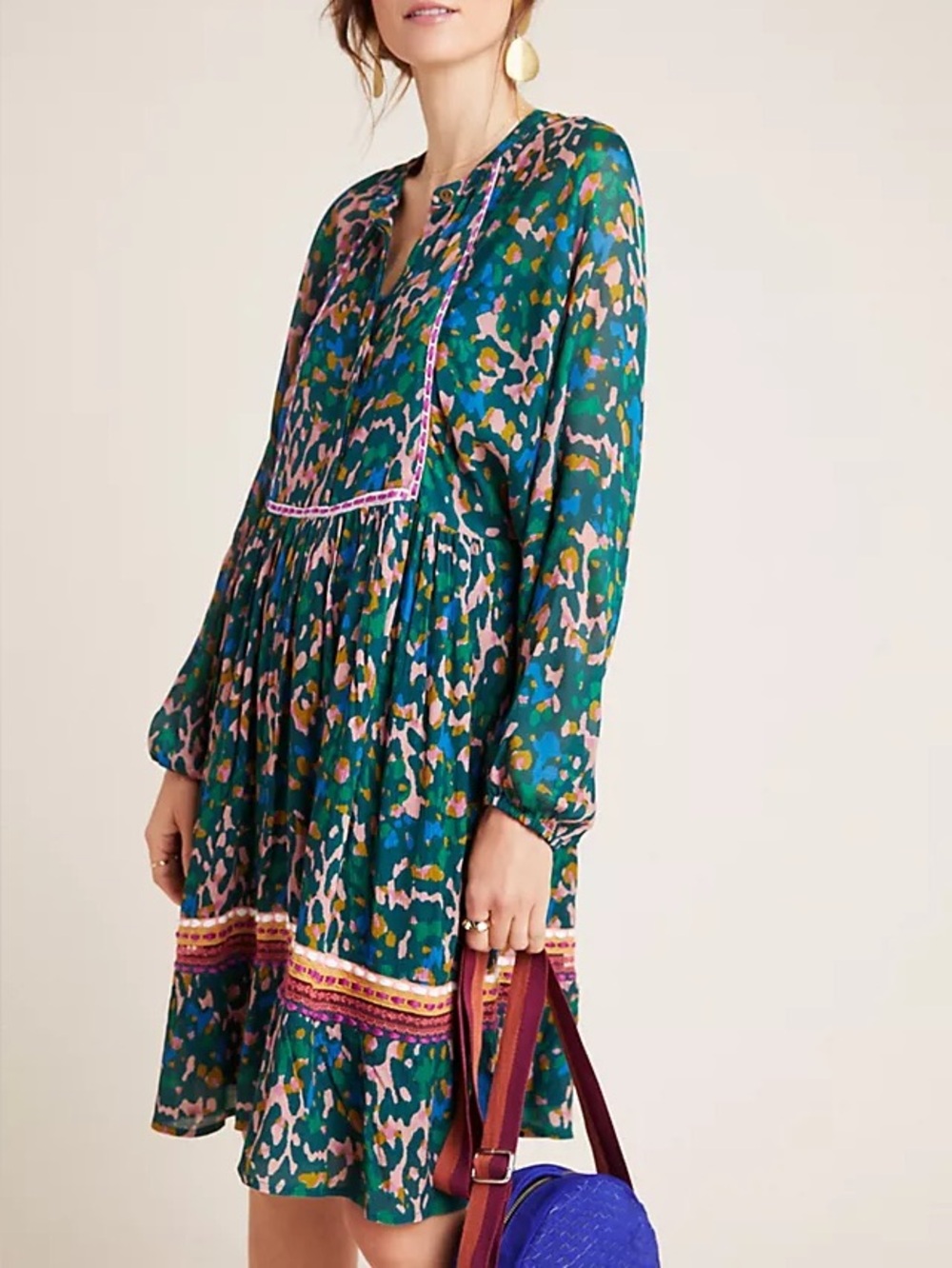 Anthropologie Teal Multicolor Printed Long-Sleeve Tunic Dress - Size L